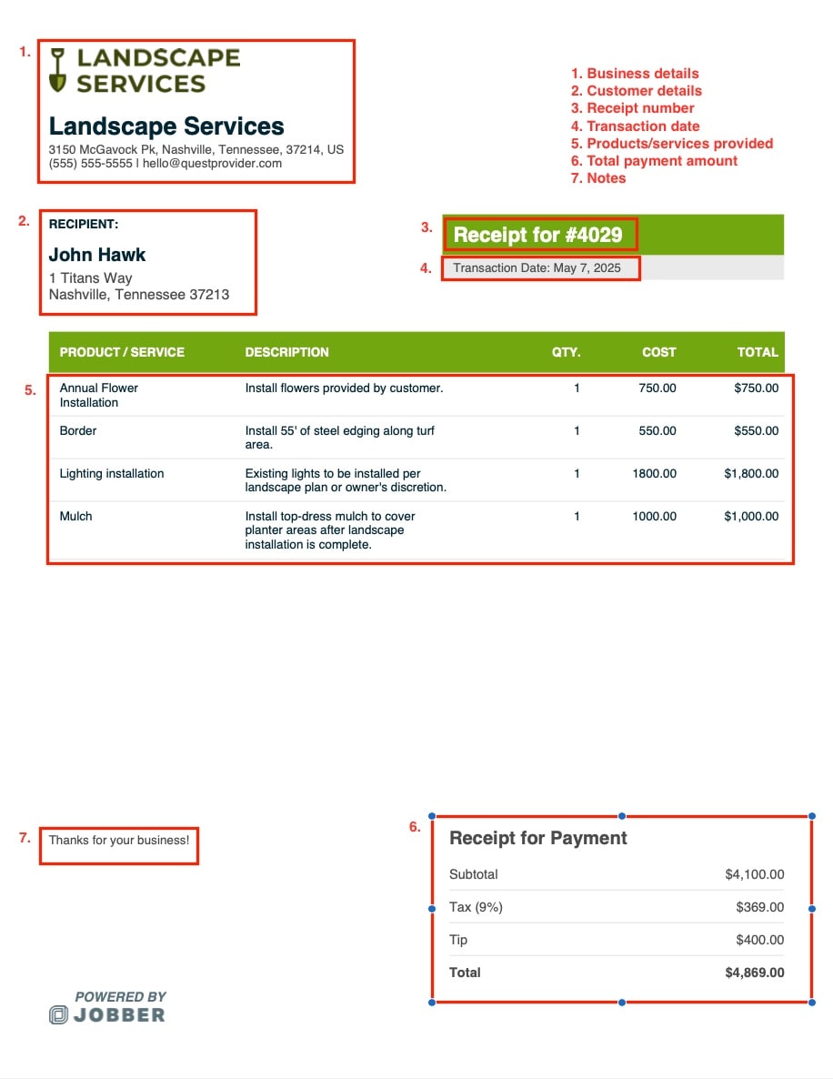 sample image of a landscaping receipt